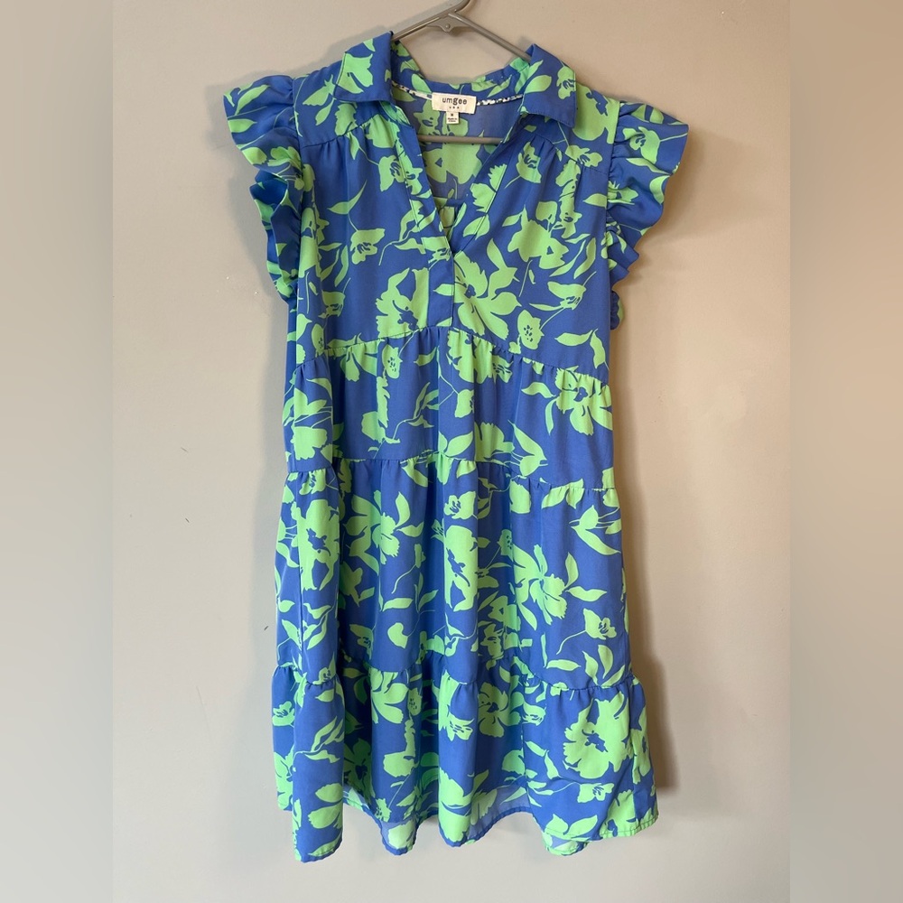 Umgee Blue and Green Floral Babydoll Dress Size Medium